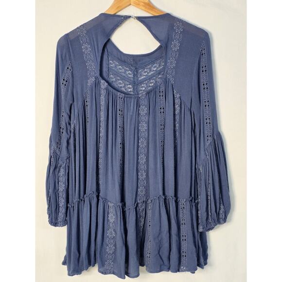 Free People Kiss Kiss Embroidered Lace Tunic Dress Blue Boho Style Size XS - Picture 8 of 10